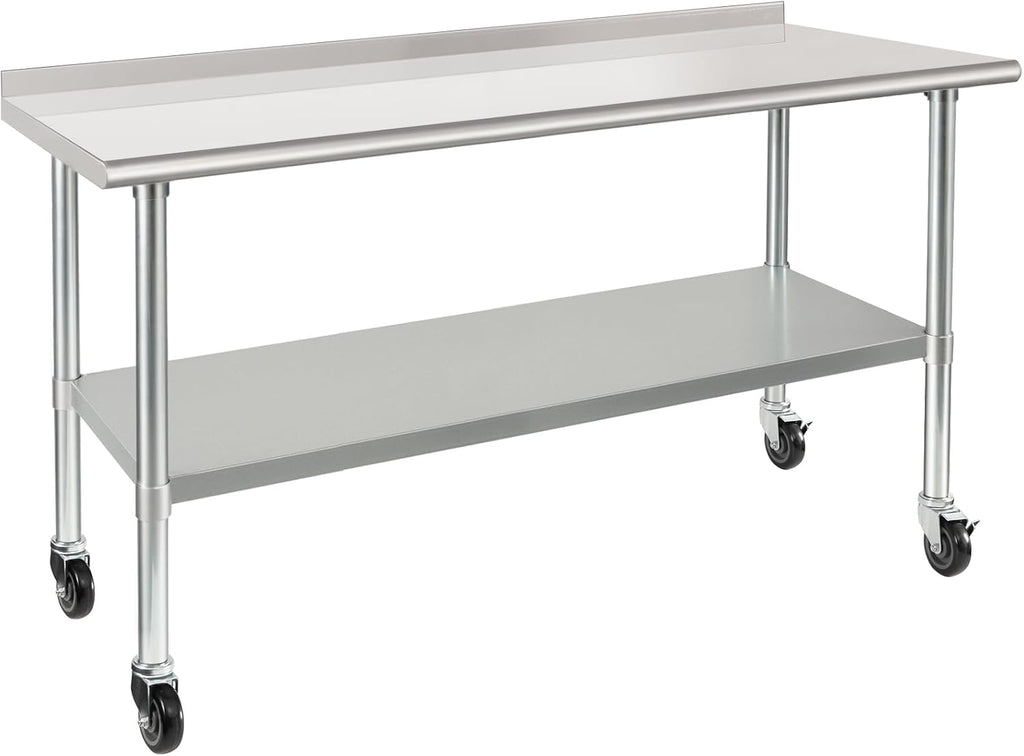 HARDURA Stainless Steel Table 24 x 60 Inches with Wheels Casters NSF Heavy Duty Commercial Prep Table with 2” Backsplash and Adjustable Undershelf for Restaurant Kitchen Home and Hotel
