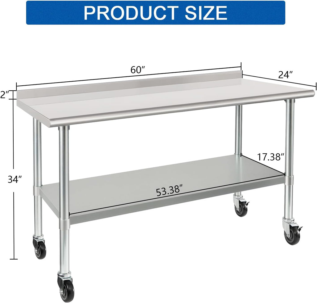 HARDURA Stainless Steel Table 24 x 60 Inches with Wheels Casters NSF Heavy Duty Commercial Prep Table with 2” Backsplash and Adjustable Undershelf for Restaurant Kitchen Home and Hotel