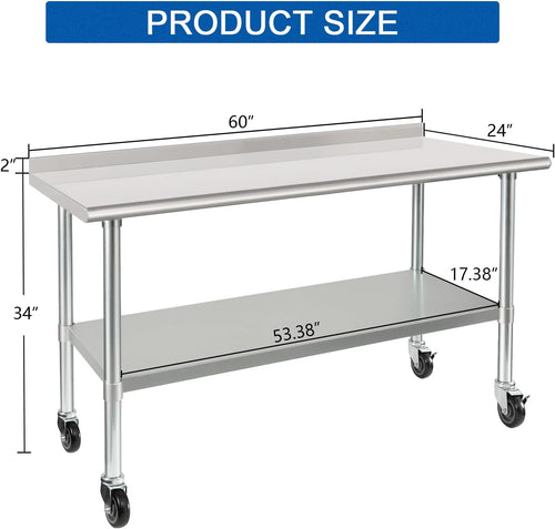 HARDURA Stainless Steel Table 24 x 60 Inches with Wheels Casters NSF Heavy Duty Commercial Prep Table with 2” Backsplash and Adjustable Undershelf for Restaurant Kitchen Home and Hotel